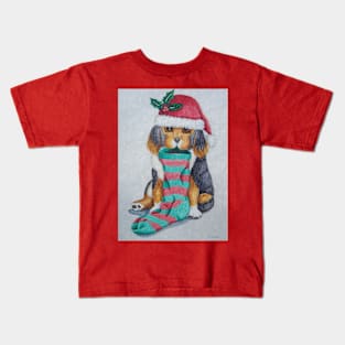 cute black and brown puppy with christmas stocking Kids T-Shirt